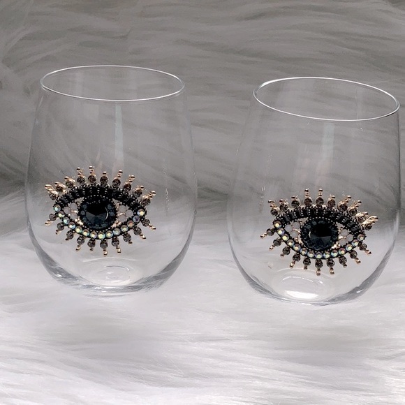 RACHEL ZOE EVIL EYE HAMSA STEMLESS WINE GLASS DRINKWARE - Picture 4 of 8